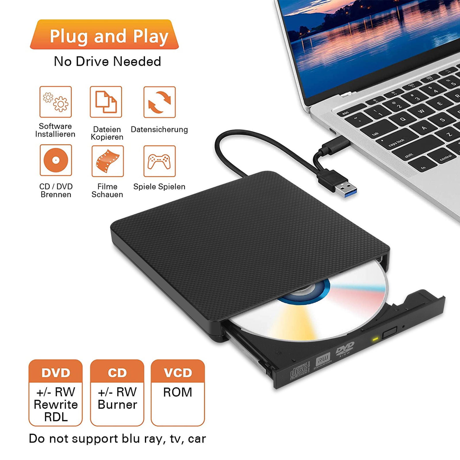 / ORICO USB 3.0 External DVDRW Portable RW Drive DVD/CD ROM Player Rewriter Burner Compatible with Laptop/PC for PC/Mac/Linux 
