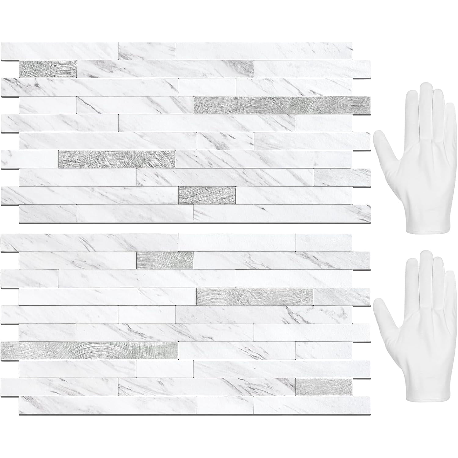 20 Sheets Peel and Stick Backsplash Tile, Stick on Backsplash for Kitchen and Bathroom, White Marble Look PVC Mixed Metal Silver Self Adhesive Wall Tiles