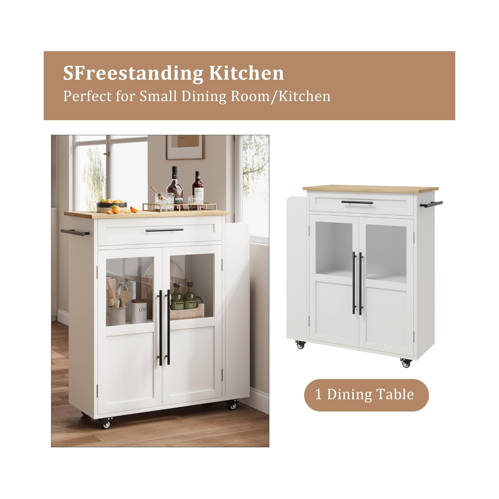 Rolling Wooden Kitchen Island with Drawer, Home Kitchen Cart with Storage Cabinet on Wheels, Thicker Wooden Top Portable Trolley Island with 3 Spice Rack for Kitchen, Dining Room