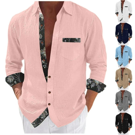 FRSASU Men's Button Down Shirts Cotton Linen Shirt Casual Fashion Floral Hawaiian Patchwork Printed Top White