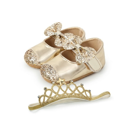 

SIMANLAN Baby Girls Princess Shoes Glitter Sandals Bow Dress Sandal Newborn Comfortable First Walking Shoe Infant Rubber Soft Sole Loafers Gold With Hair Band 6C