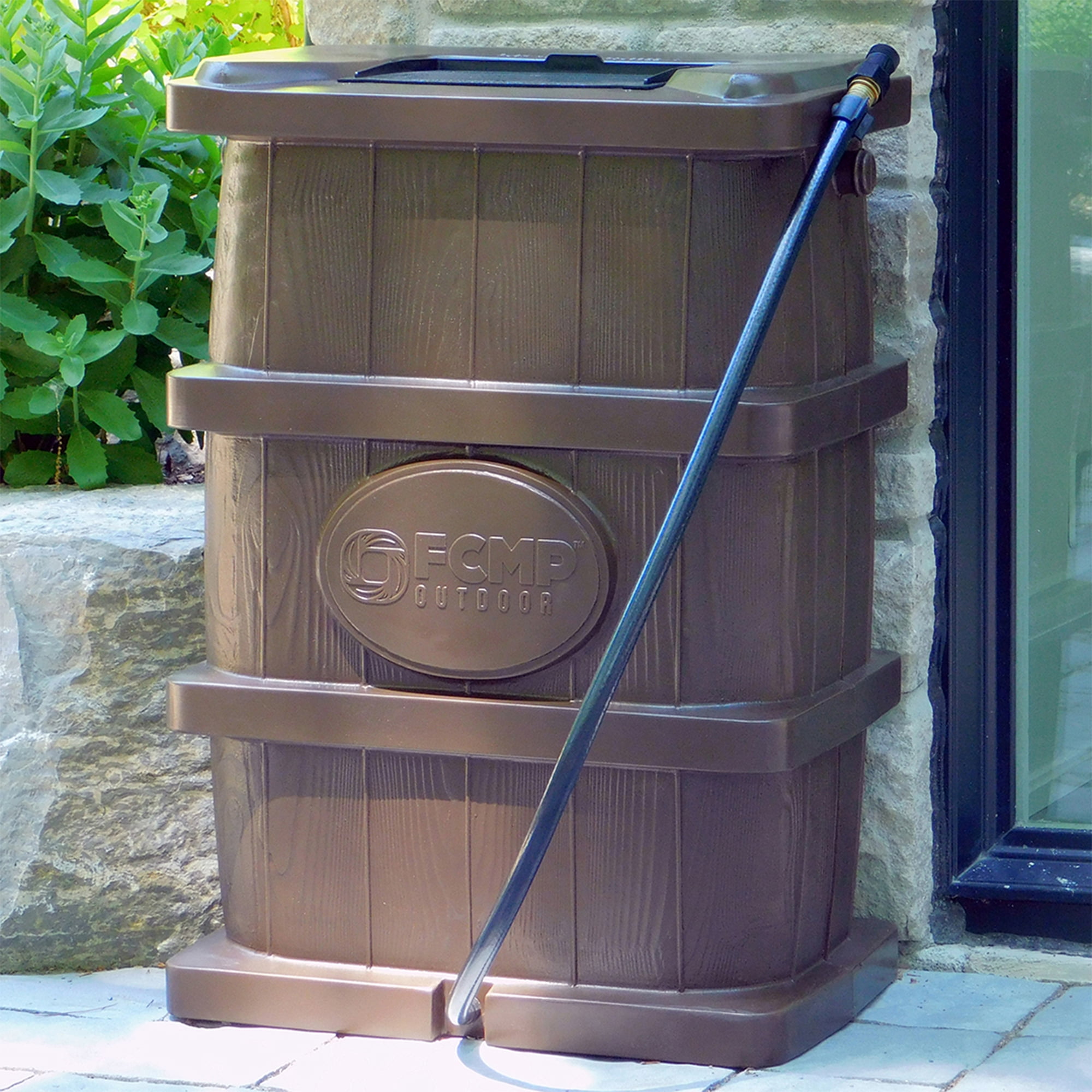 FCMP Outdoor WG4000-GRY Home Outdoor Wood Grain Rain Water Catcher Barrel