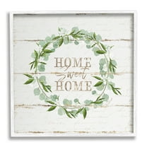 Sweet Home Greeting Eucalyptus Wreath Rustic Plank Pattern Typography Framed Art Print Wall Art, 17x17