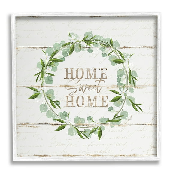 Sweet Home Greeting Eucalyptus Wreath Rustic Plank Pattern Typography Framed Art Print Wall Art, 17x17
