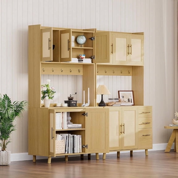TROPOW 71" Tall Kitchen Pantry Cabinet, Freestanding Rattan Boho Hutch with Microwave Shelf, 3 Drawers & 6 Hooks for Kitchen, Living & Dining Room Storage-Natural