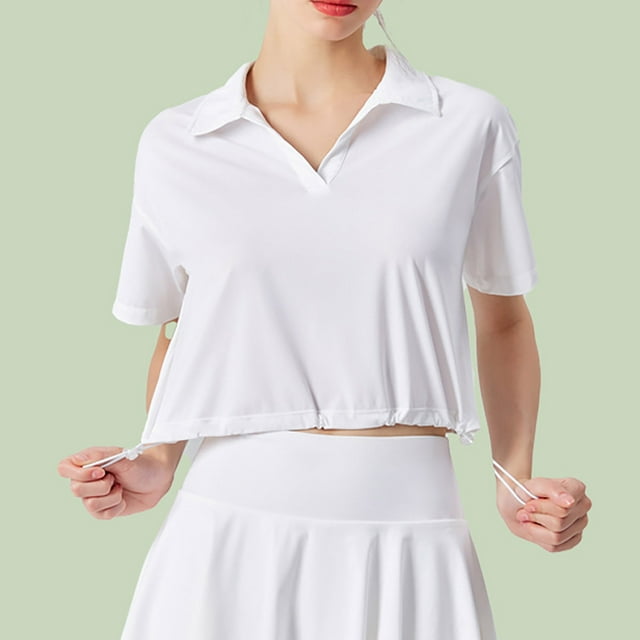 UPPADA T-Shirts à Manches Courtes pour Femmes, Col à Revers Décontracté, Polos de Golf à Col en V, Séchage Rapide, Hauts de Sport et d'Entraînement, T-Shirts Basiques de Couleur Unie, Blanc, TG