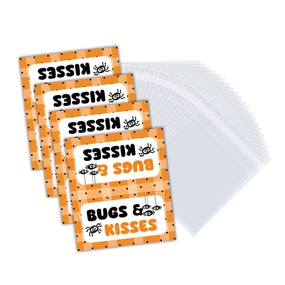 Bugs & Kisses Treat Bag 100pk, 50 Folding Labels   50 Bags Halloween Candy DIY Spiders and Chocolate Stuffers Unique Toppers Craft Ideas