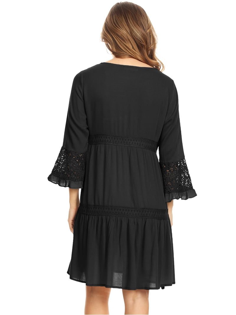 Feinuhan Women's Casual Semi Sheer A-line Crochet Lace Bell Sleeve Boho  Beach Babydoll Ruffle Dress, Black, Small - Walmart.com