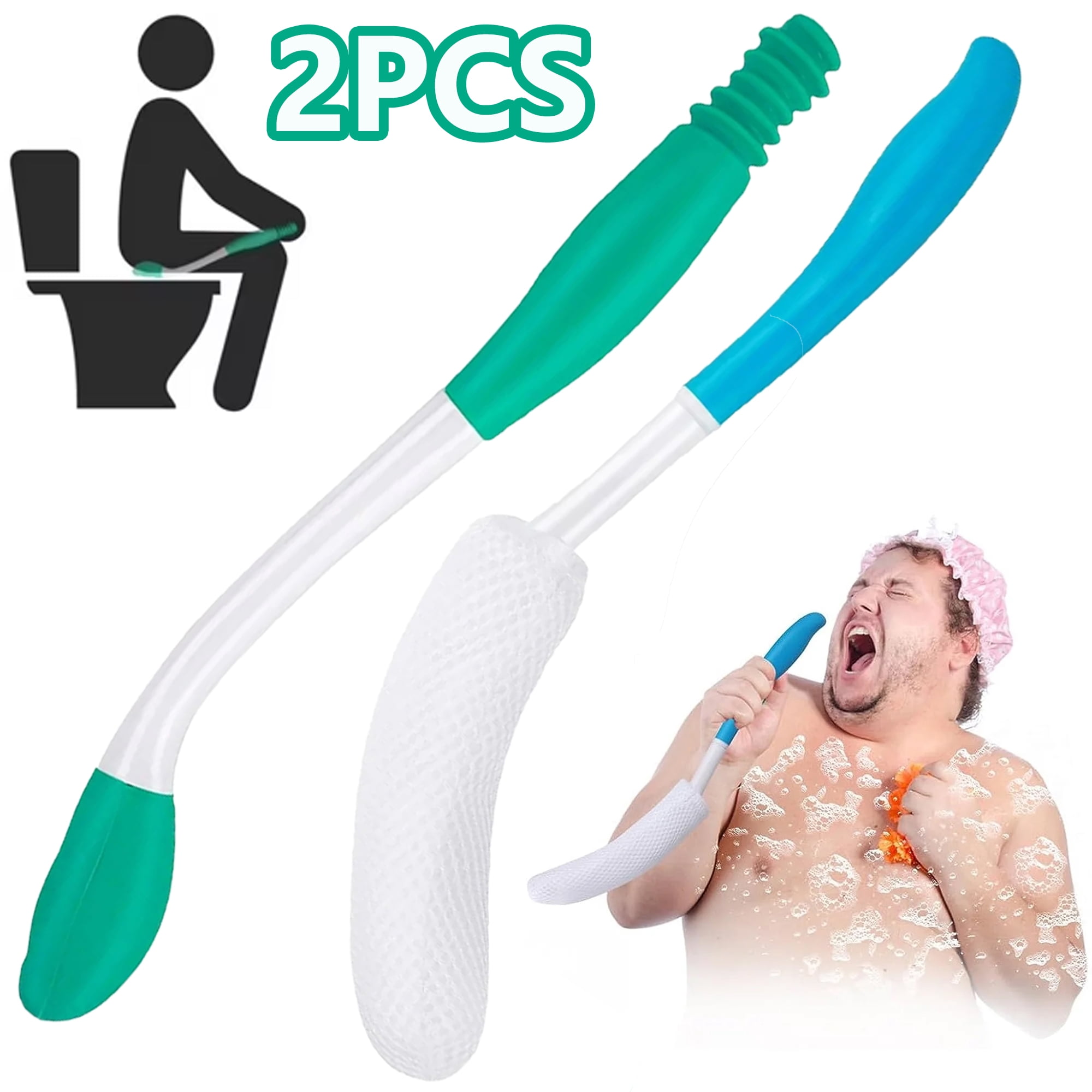 Toilet Aids for Wiping, 15" Long Reach Butt Wiper Bath Brush Set Comfort Bottom Buddy Wiping Aid Self Wipe Bathroom Tools