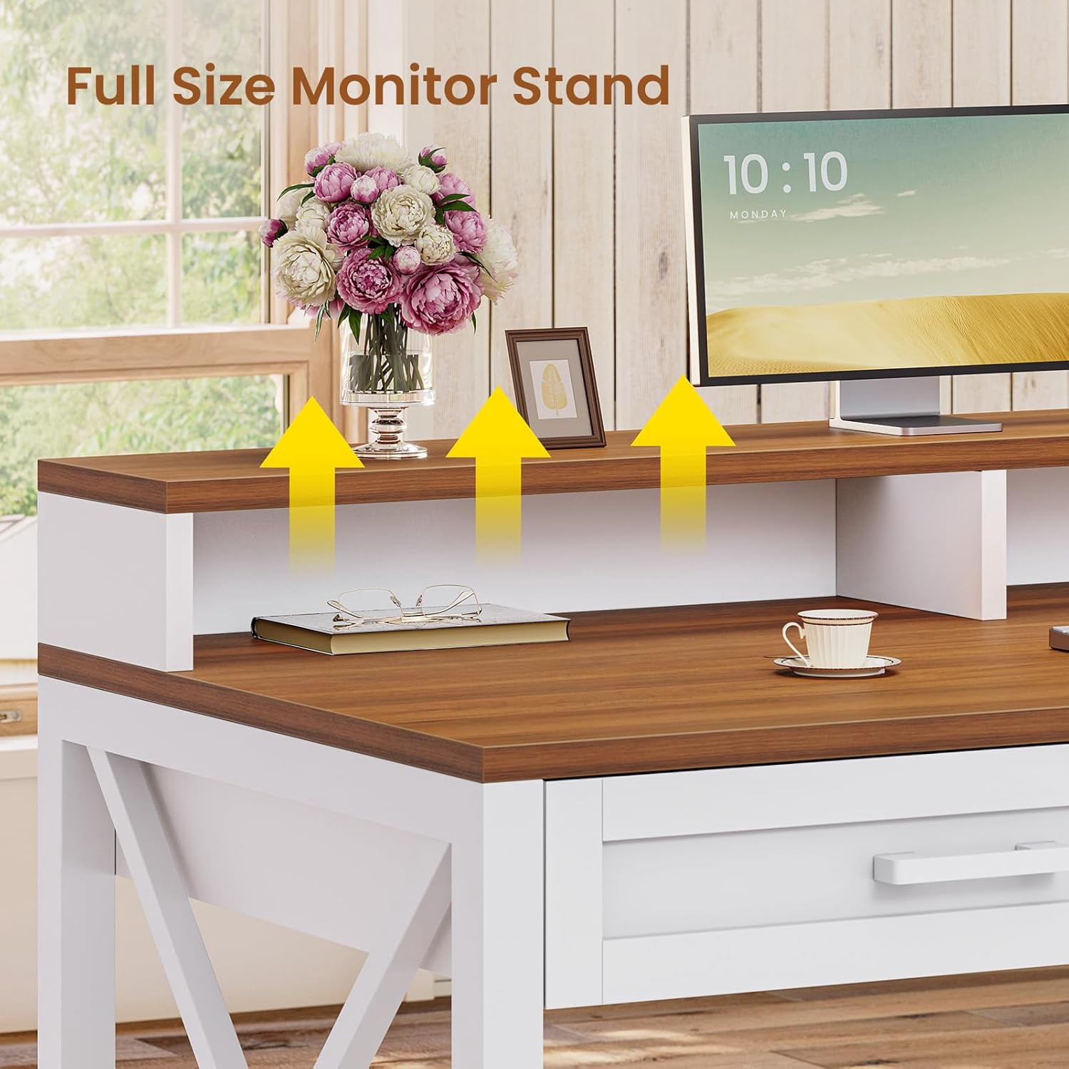 Farmhouse Computer Desk with Power Outlets, Home Office Desk with Drawers & Monitor Stand, Corner Desk with Printer Stand & LED Lights, 55" White Desk Writing Desk Study Table for Small Space