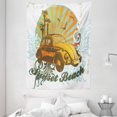 thumbnail image 1 of Cars Tapestry, Summer Inspired Drawing with Retro Car Palm Trees Sunset Beach and Sun Rays, Wall Hanging for Bedroom Living Room Dorm Decor, 60W X 80L Inches, Amber Orange Aqua, by Ambesonne, 1 of 2