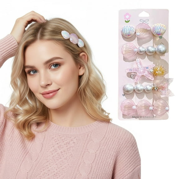 Crusward 5Pcs Mermaid Hair Clip Set, Shiny Shells Pearl Head Pieces Princess Hair Accessories for Toddler Little Girl Birthday Party Gifts