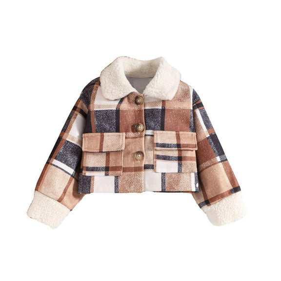 Winter Saving Clearance! VERUGU Kids Winter Coats Girls Boys Warm Casual Fashion Jackets Long Sleeve Lapel Plaid Print Outerwear Coffee 3Y