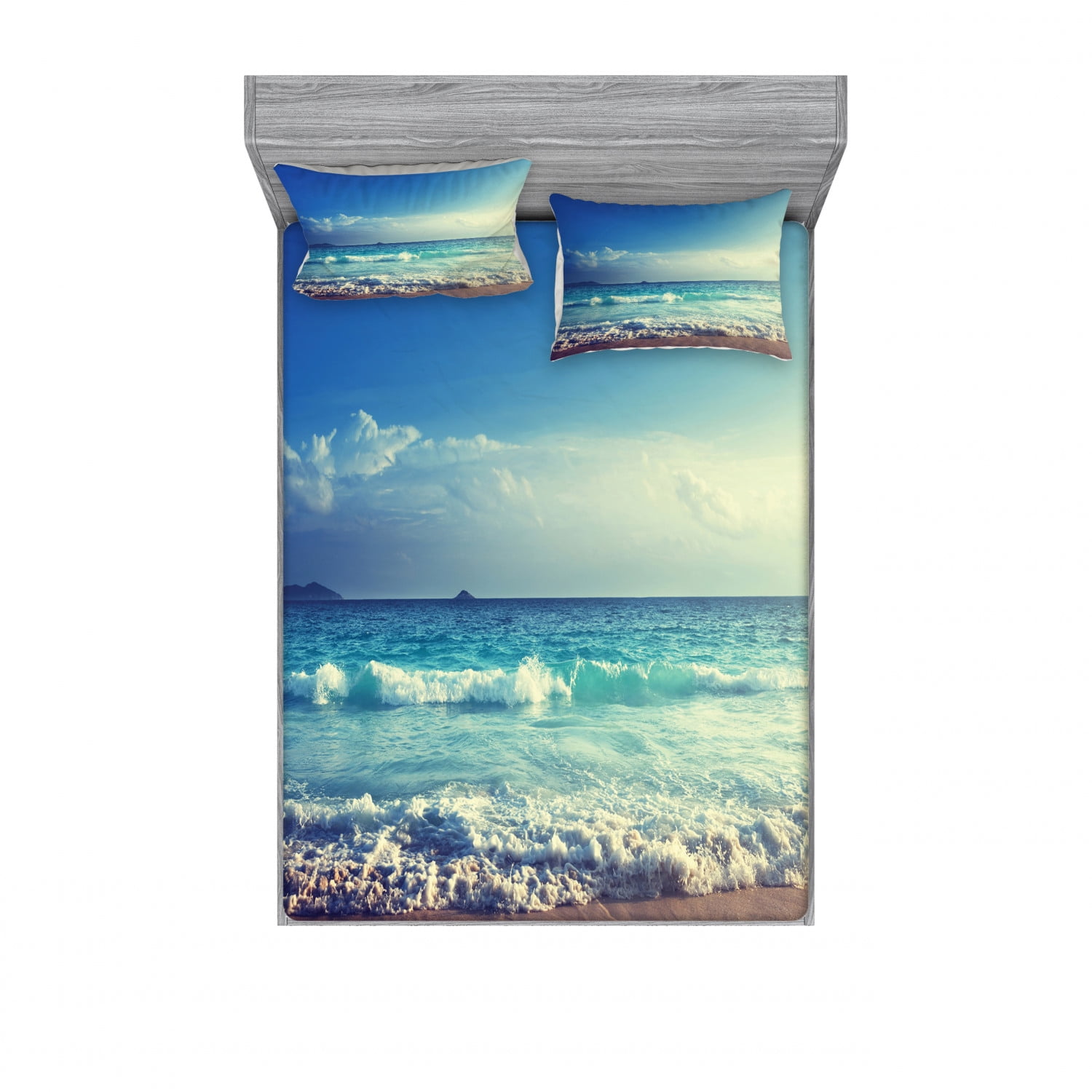 Soft Decorative Fabric Bedding All-Round Elastic Pocket Tropical Island Paradise Beach at Sunset Time with Waves and The Misty Sea Image Turquoise Cream Ambesonne Ocean Fitted Sheet Queen Size