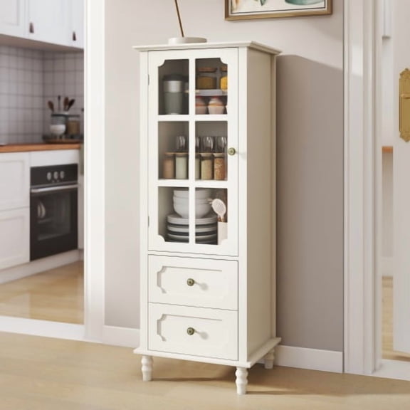 20" Moisture‑Resistant Mdf Freestanding Storage Chest, Accent Cabinets with Glass Doors, Utility Organizer for Dining Room Hallway Entryway, Creamy White