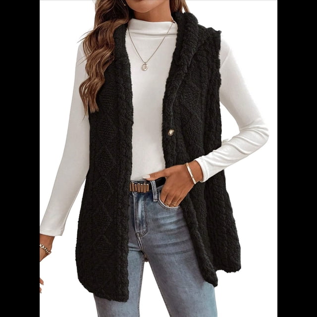 Chaleco Informal con Capucha de de Doble Cara para Mujer, Otoño-Invierno, Informal, Extragrande, Cálido, con Botones. Negro M