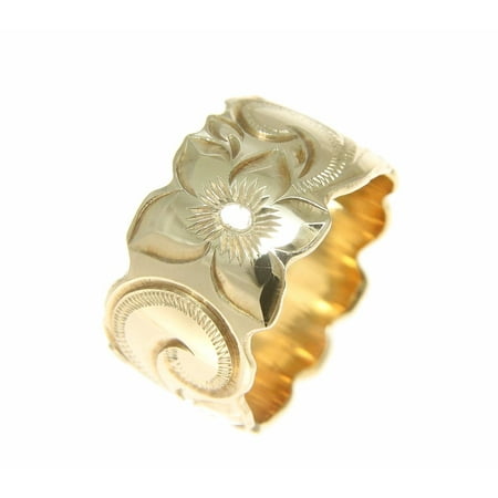 Platinum Hand Engraved Band - 14K yellow gold hand engrave Hawaiian plumeria scroll band ring cut out edge 15mm size 9
