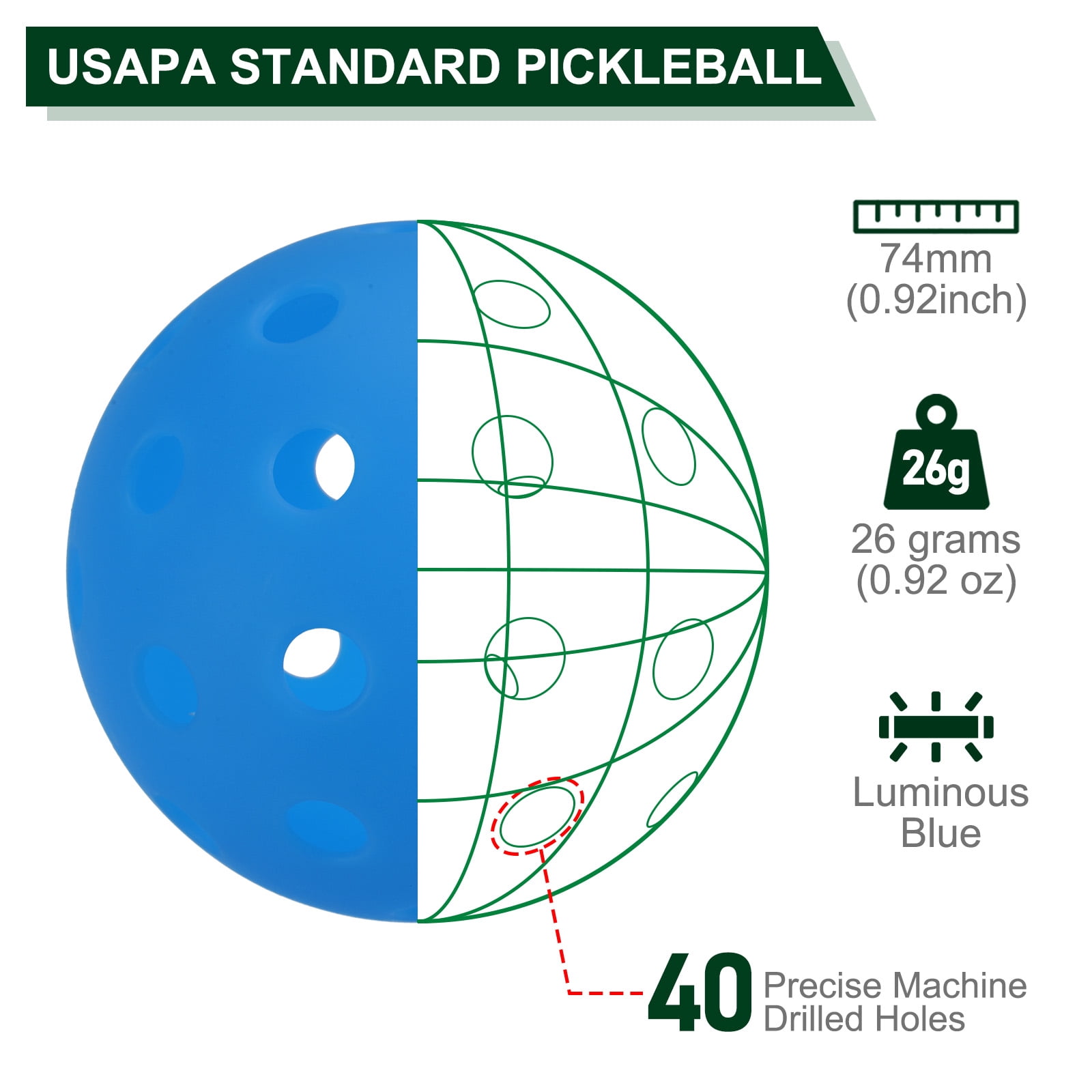 Luminous Pickleball Balls 40 Holes Glow in the Dark Pickleball Balls with Mesh Bag Blue, 6 Pack