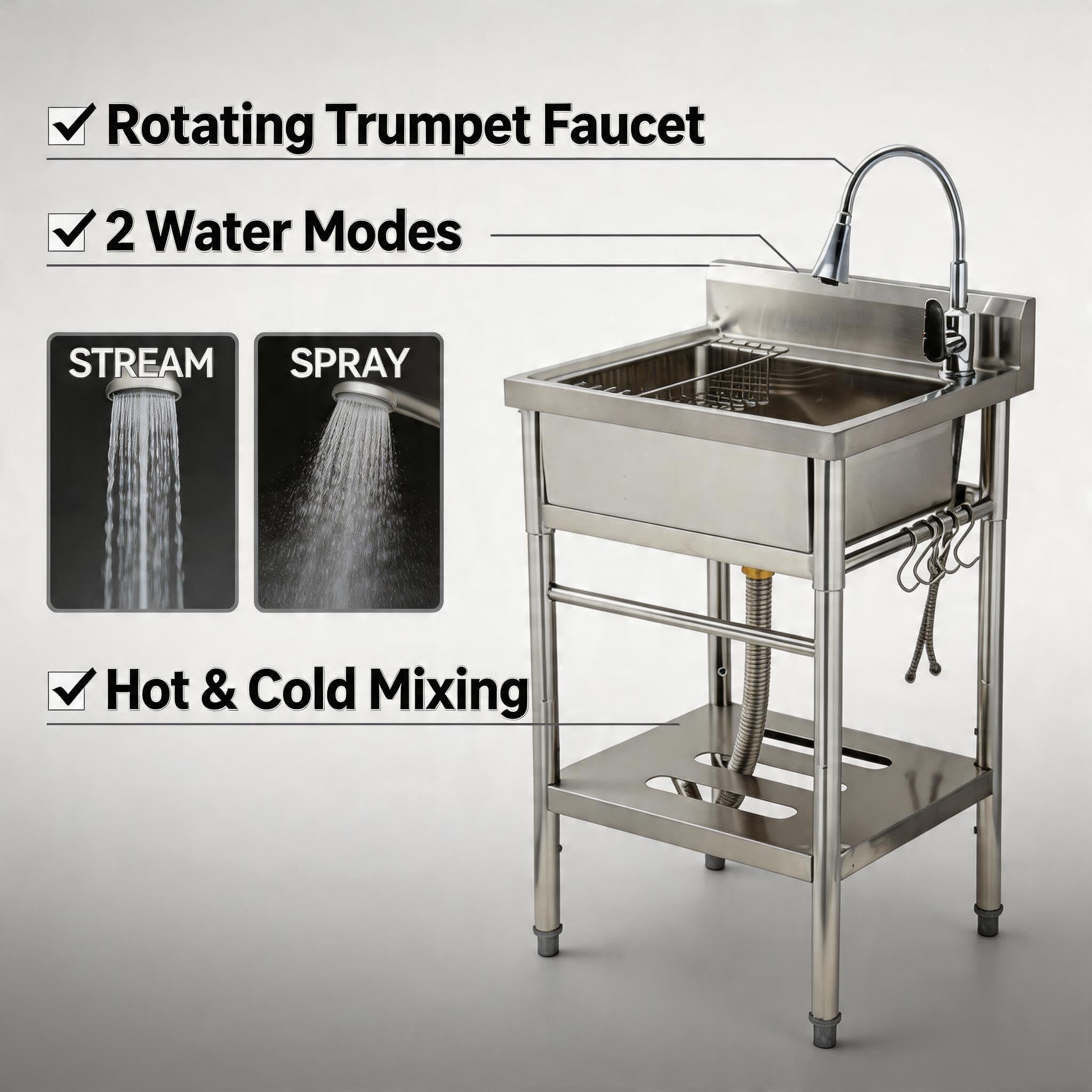 Kicctian Stainless Steel Utility Sink, 22'' × 20'' × 39'' Freestanding Stainless Steel Single Bowl Laundry Sink with swivel horn style faucets for Kitchen, Bathroom, Garage or Basement