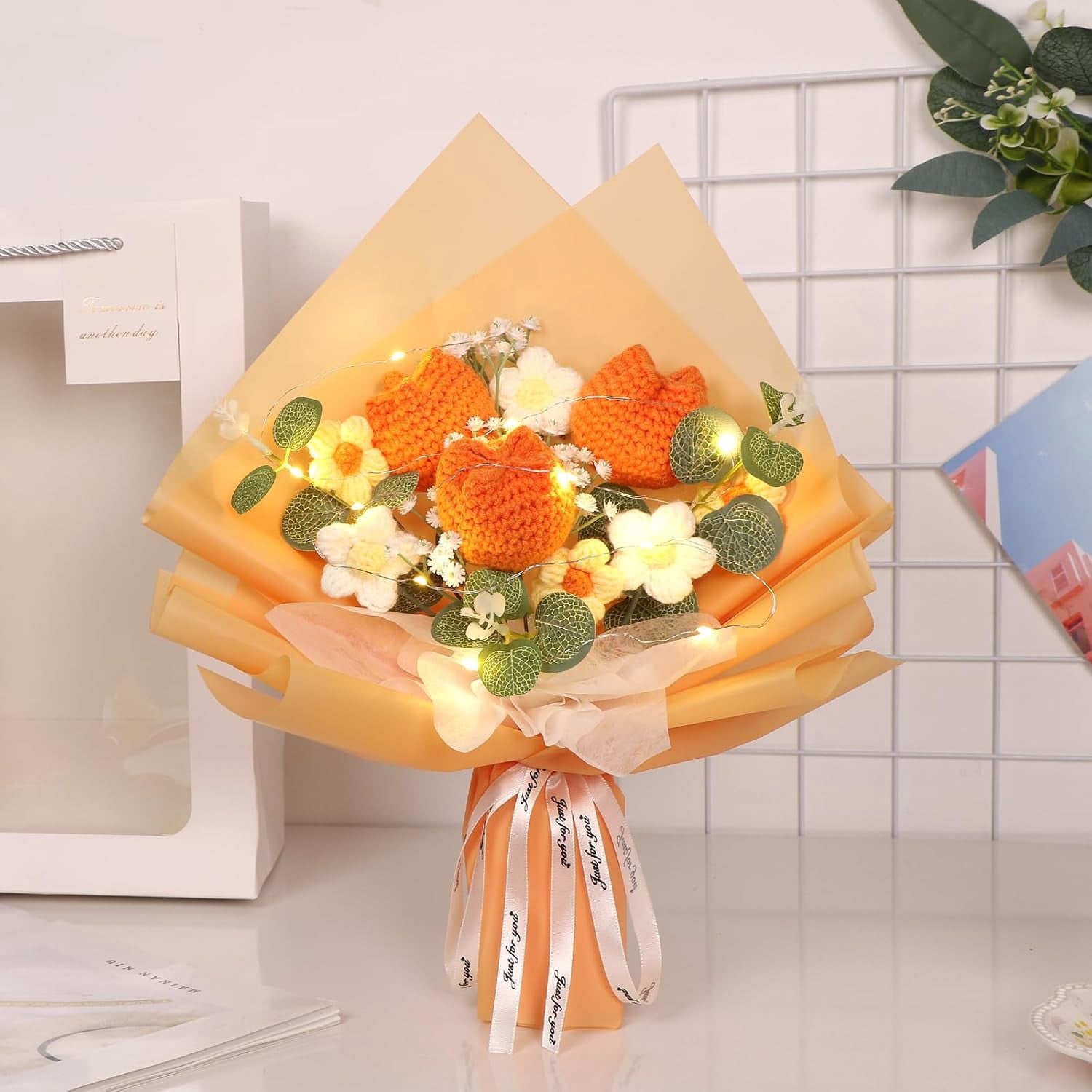 Crochet Flowers Bouquet, Kvago 13.78in Completed Handmade Knitted Flowers, Artificial Flower Knitted Tulips Bouquet for Festival Wedding Graduation Anniversary Mother's Day Women Gift (Orange)