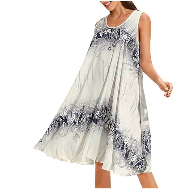 Vestidos de verano qucoqpe para mujer 2022, vestido bohemio informal de moda para mujer, vestido midi floral de cuello redondo de talla grande, vestido playero holgado sin mangas.