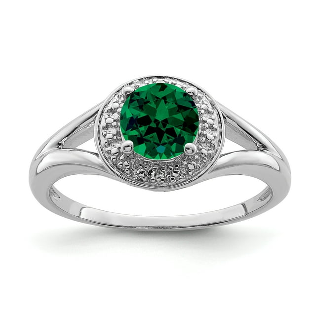 925 Sterling Silver Rhodium-Plated Diamond and Created Emerald Ring