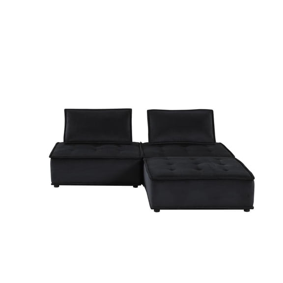 Lilola Home Anna Velvet 3 Piece Sectional Loveseat Ottoman in Black