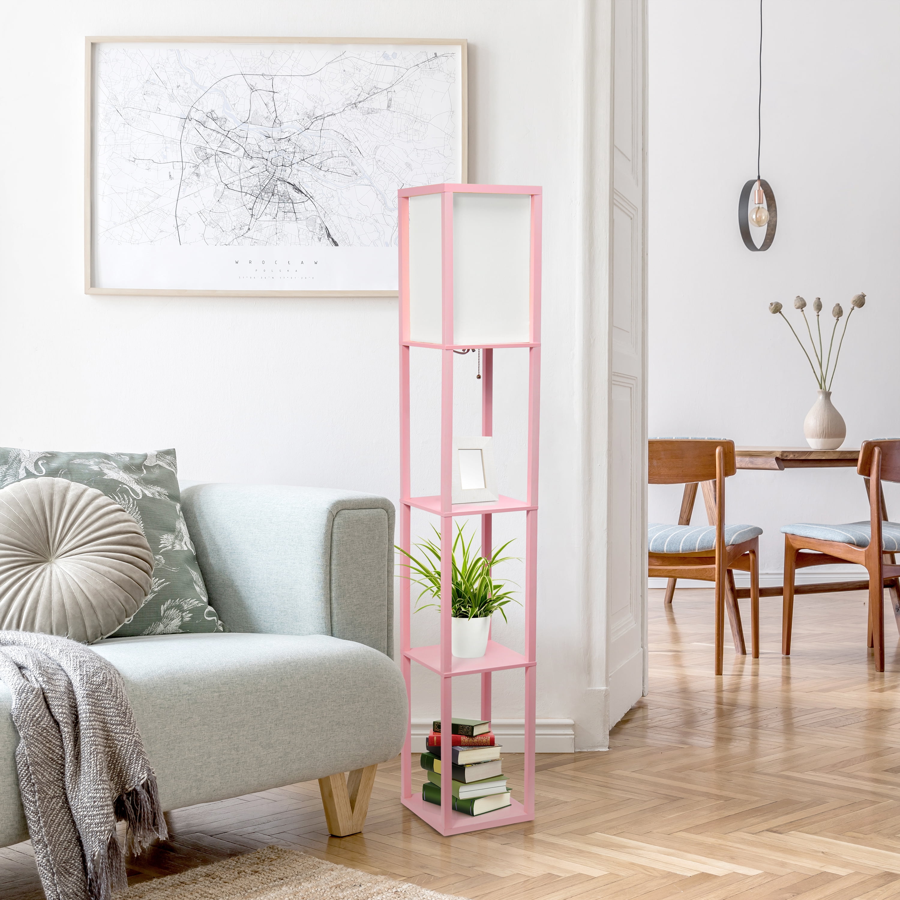 Lalia Home 62.5" 3-Shelf Column Storage Floor Lamp with Linen Shade & LED Bulb, Light Pink