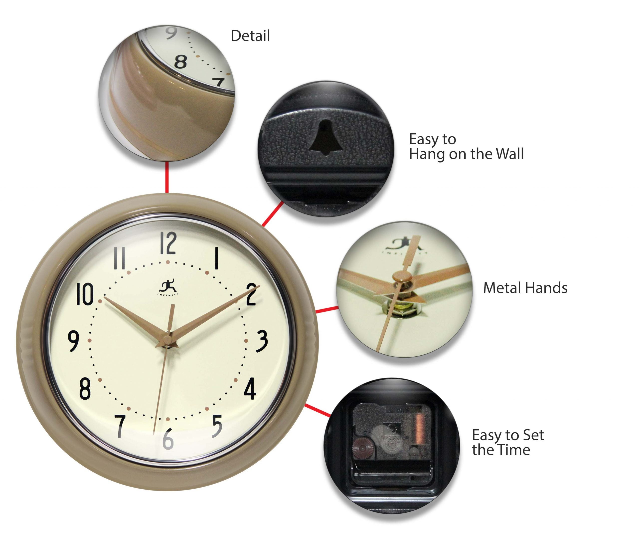 Infinity Instruments Retro Round Latte Metal 9.5-inch Analog Wall Clock