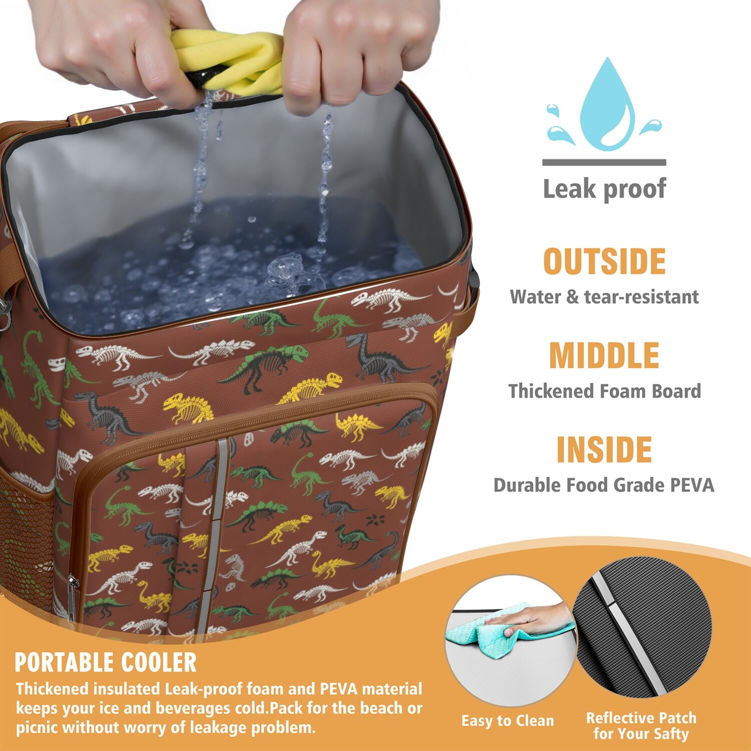 Travel Cooler Bag - Brown Cartoon Dinosaurs Fossils Pattern Camping Beer Cooler Backpack with Bottle Opener- Waterproof Insulated Picnic Backpacks - Cooler Bag for Beach