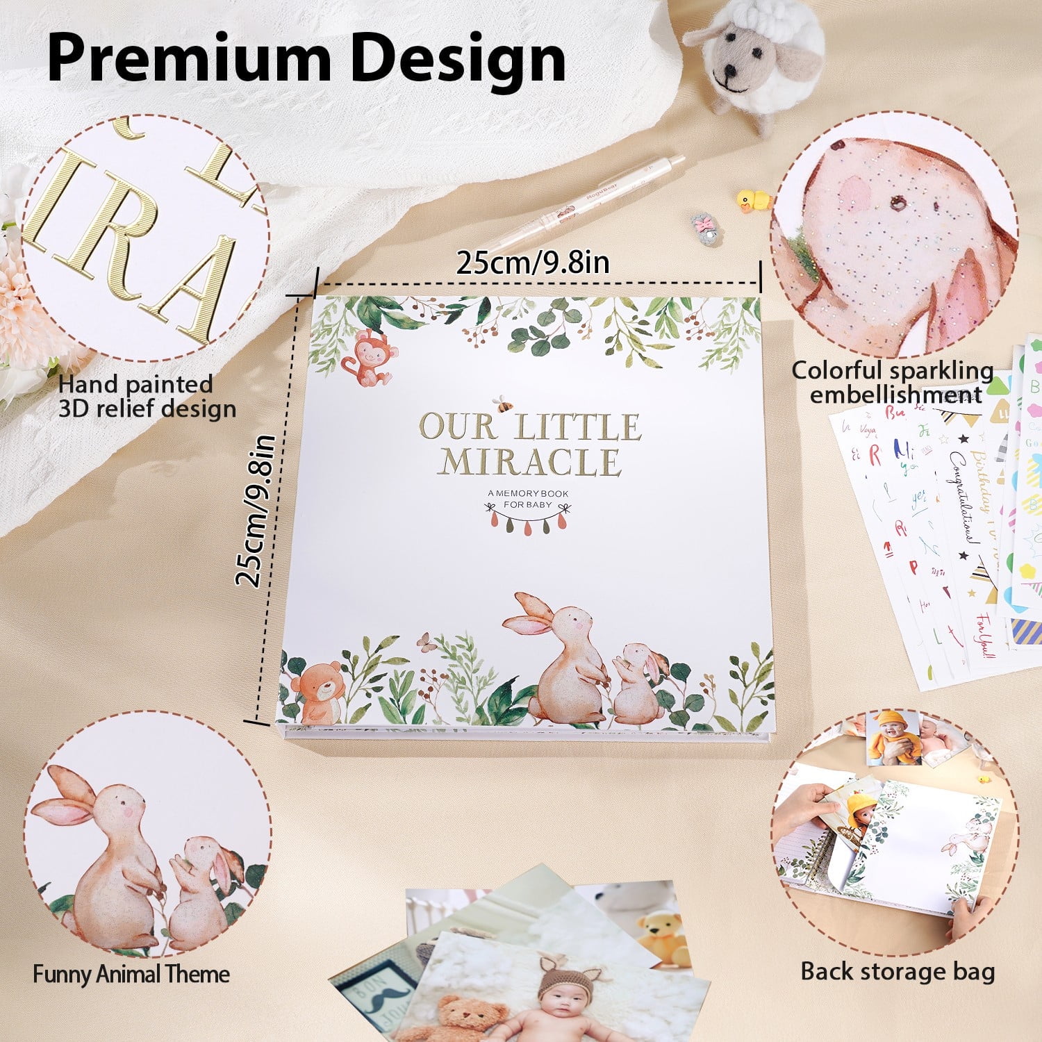 TJT Keepsake Baby Books for Newborn Baby Memory, First 5 Years Baby Memory Record Book Gift, 124 Pages Baby Album, Rabbit, Brown