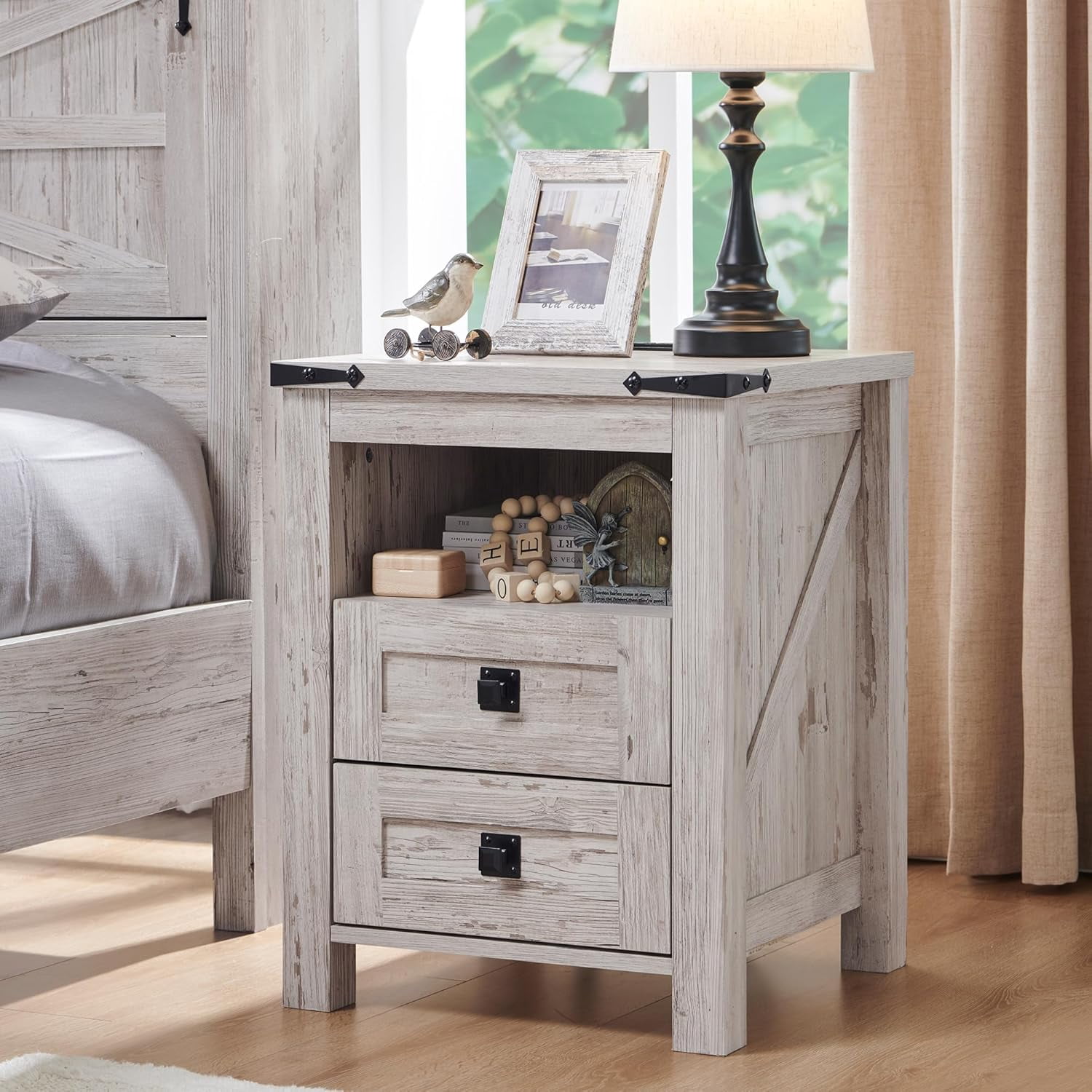 OKD Farmhouse Nightstand Set of 2 with Charging Station, 2-Drawer End Table, Antique Brush White