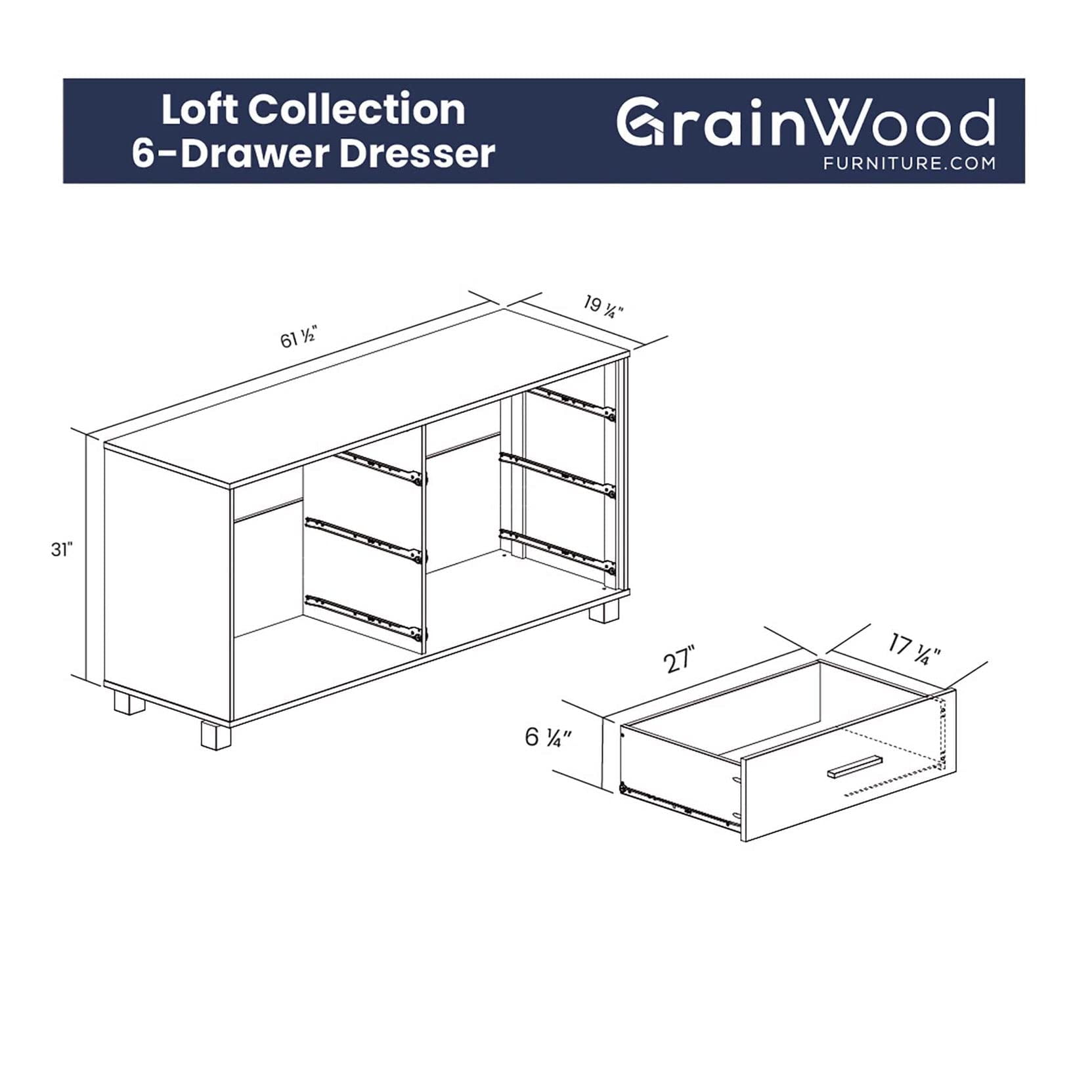 Grain Wood Furniture Loft 6-Drawer Dresser, Solid Wood with Brushed White Finish