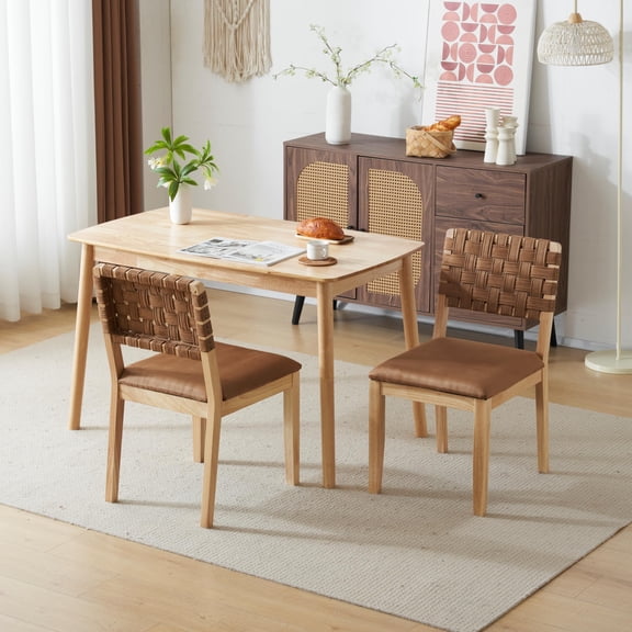 Brown Woven Back Dining Chairs Set of 2, Mid-Century Modern Armless Wooden