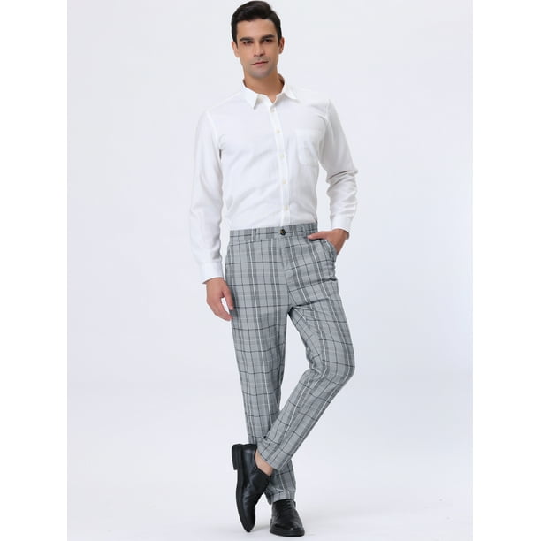 Unique Bargains Men's Plaid Pants Casual Slim Fit Flat Front