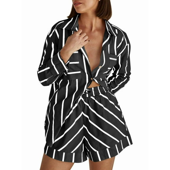 Womens Striped 2 Piece Outfits Button Down Shirts and Shorts Lounge Matching Sets Black XXL