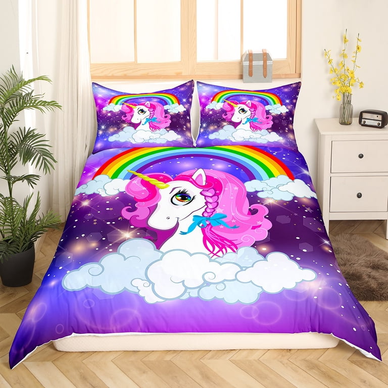 Rainbow Unicorn Bedding Sets Full,Kawaii Duvet Cover Cute Cartoon
