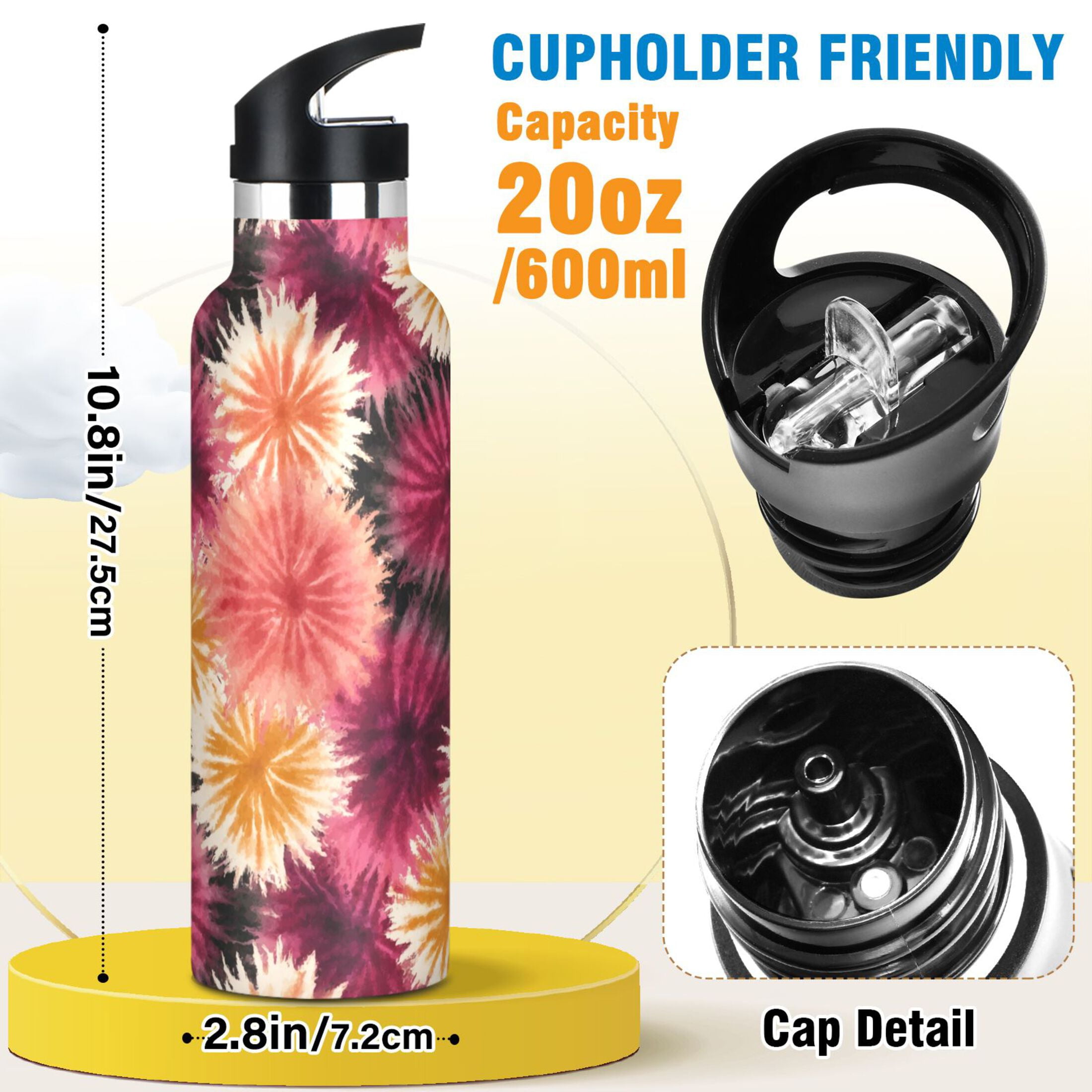 600ML Stainless Steel Insulated Cup Sports Water Bottle Portable Thermos Cup Water Glasses Insulated Tumblers Convenient and Durable Red Tie-dye