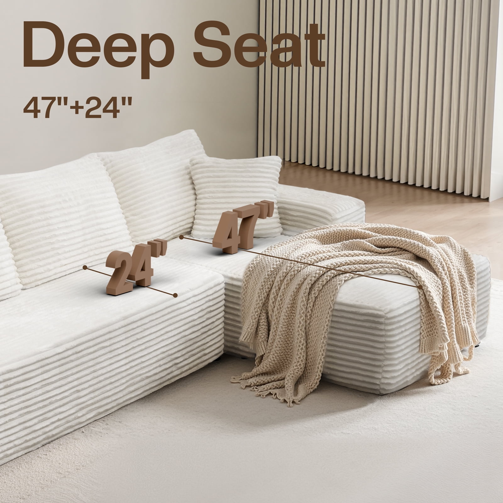 Kelyda 105" Modular L-Shaped Cloud Sofa, Plush Boneless Sectional with Deep Seats Chaise Corduroy Fabric Beige