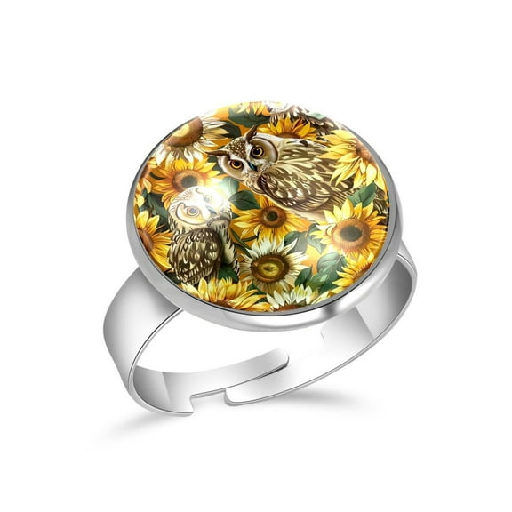 PhooArto Animals Owls and Sunflowers Stainless Steel Rings for Women, Open Adjustable Ring Promise Ring Jewelry Gifts