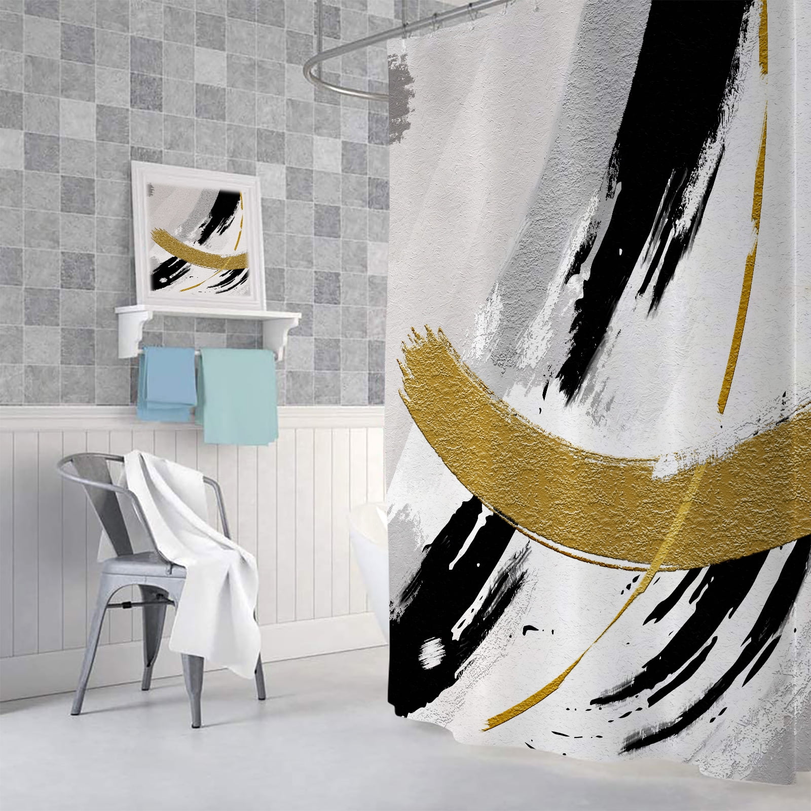 Black and Gold Abstract Shower Curtain, Chic Design White Grey Art Designer Fabric Shower Curtains Set for Bathroom Decorative, Modern Restroom Decor Accessories with Hooks 72X 72 Inch