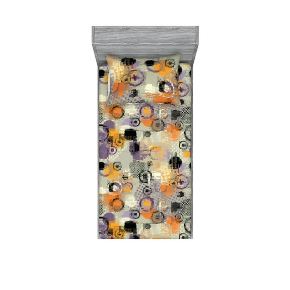 Abstract Fitted Sheet & Pillow Sham Set, Grunge Jumble Design of Geometric Inspired Rounds and Circles Print, Decorative Printed 2 Piece Bedding Decor, Twin, Vermilion Pale Purpleblue, by Ambesonne