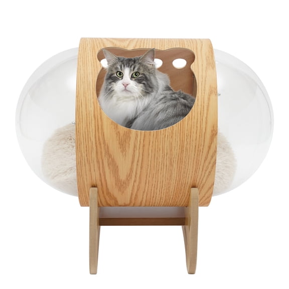 Miumaeov Cat House Modern Space Capsule Cat Bed Spaceship Indoor Wooden Pet Cat Castle with Cushion