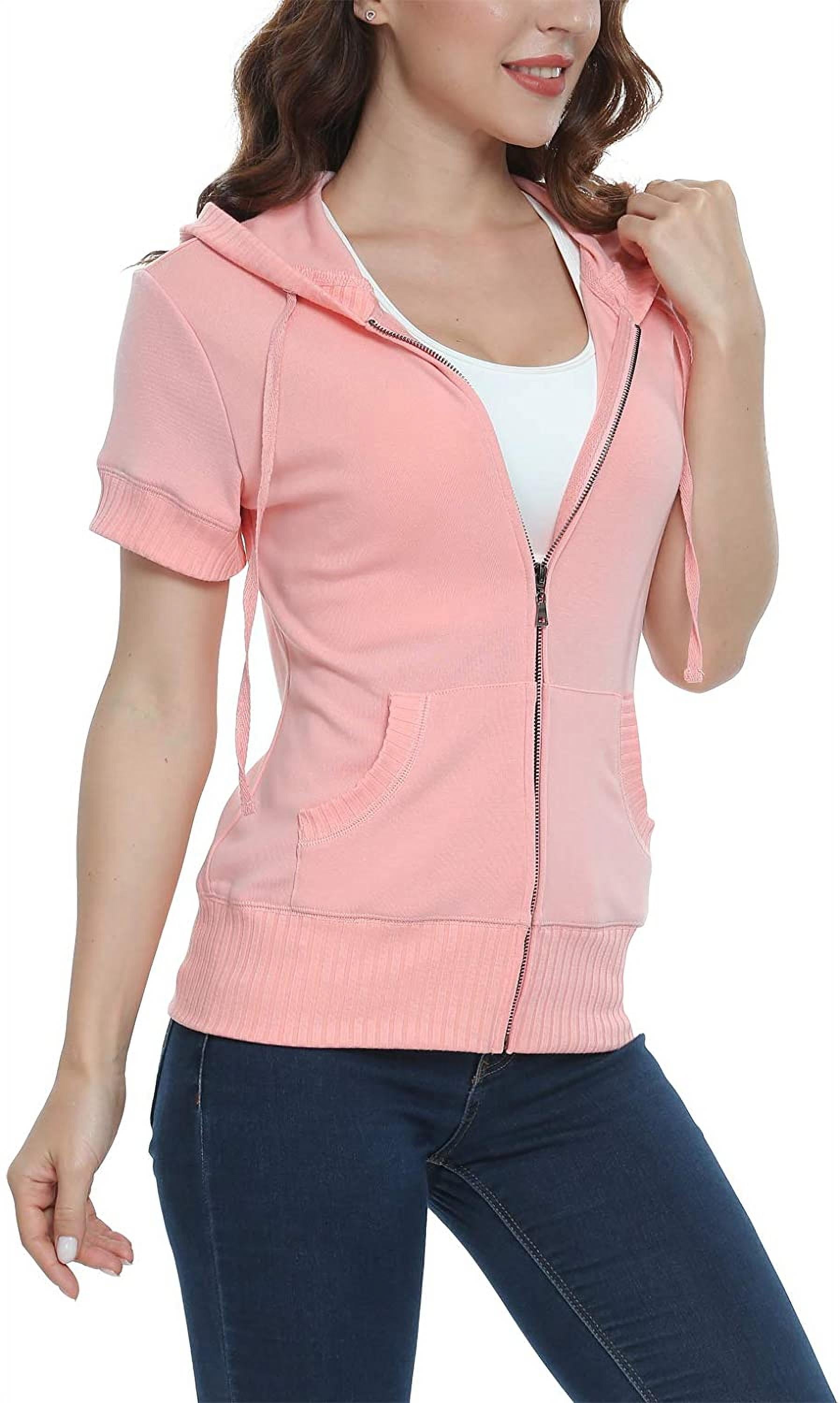 MISS MOLY Women's Short Sleeve Hoodie Zip Up Sweatshirt Kanga Pocket ...