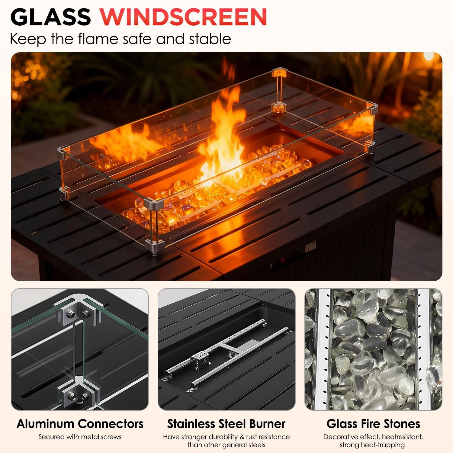 NiamVelo 43" Propane Gas Fire Pit Table, 50,000 BTU Rectangular Fire Pit with Glass Wind Guard for Outside Patio Deck Garden Backyard , Black