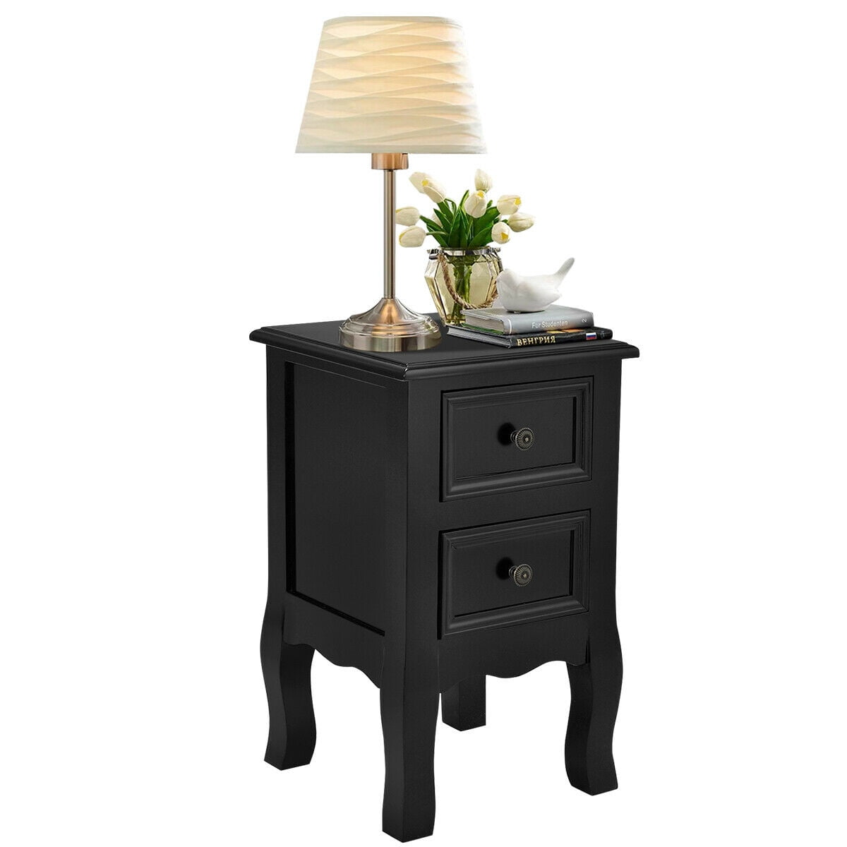 Costway Black Night Stand w/ 2 Storage Drawers, Wood End Accent Table