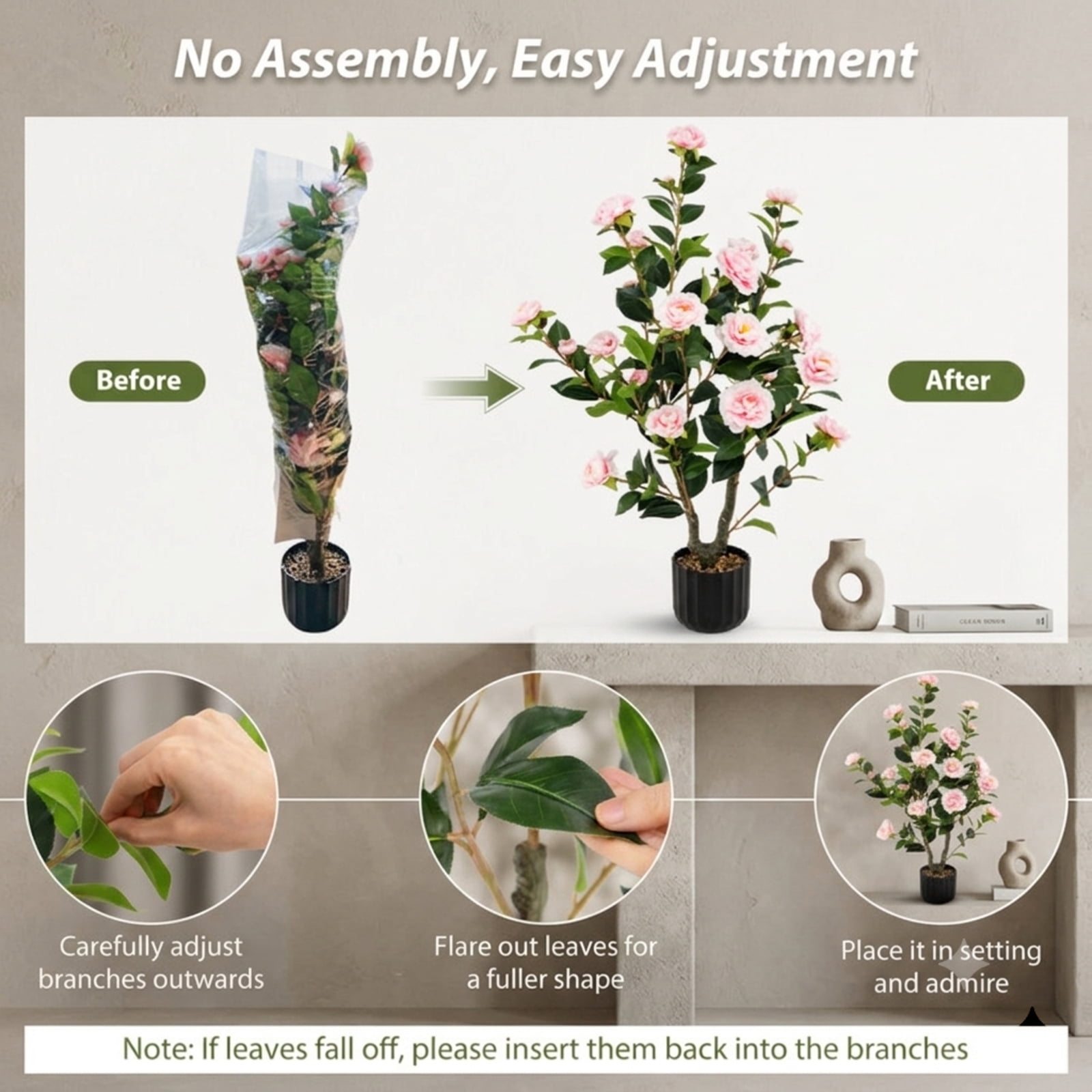 Vebreda Artificial Plant Decor, 38 Inch Artificial Camellia Tree Faux Flower Plant in Cement Pot, Gorgeous and Vivid Appearance