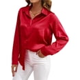 thumbnail image 3 of Blusas de Satén para Mujer, Camisas de Seda con Botones, Blusas Informales de Larga para Negocios Rojo XL, 3 of 7