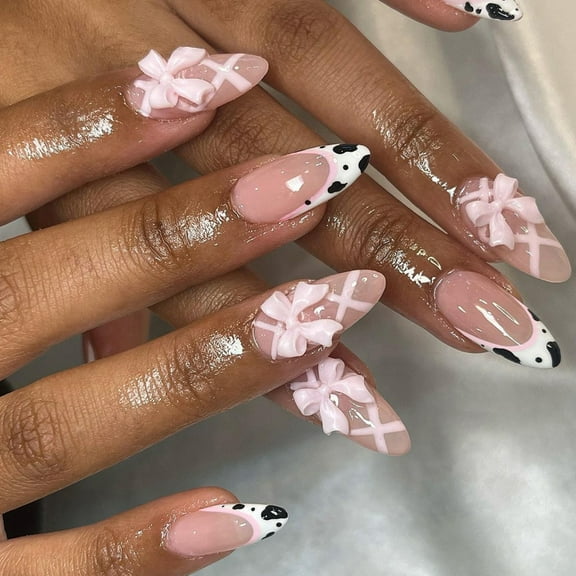Aurgiarme 24 Pcs Short Almond Acrylic Nails Sweet Bows Full Covers Stick On Nails French Tip Press On Nails Simple False Nails