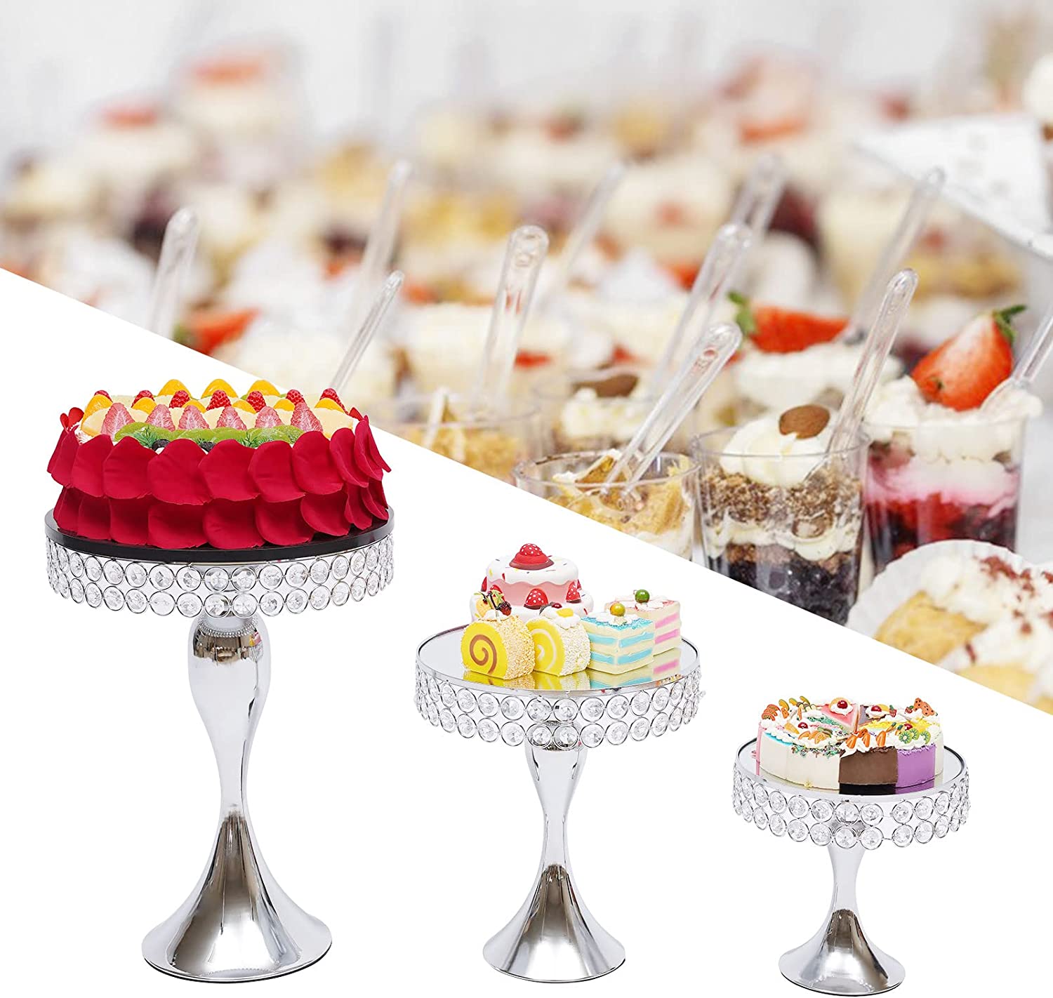 Miumaeov 3Pcs Luxury Crystal Cake Stand Metal Crystal Cake Holder